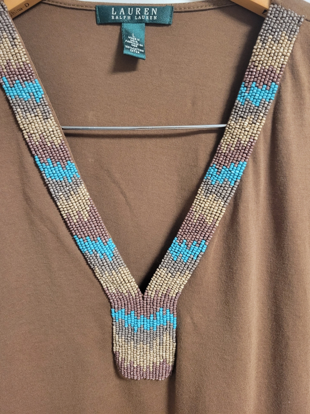 Lauren Ralph Lauren Brown Beaded V-Neck Short Sleeve Casual Boho Top Size L - Picture 3 of 5